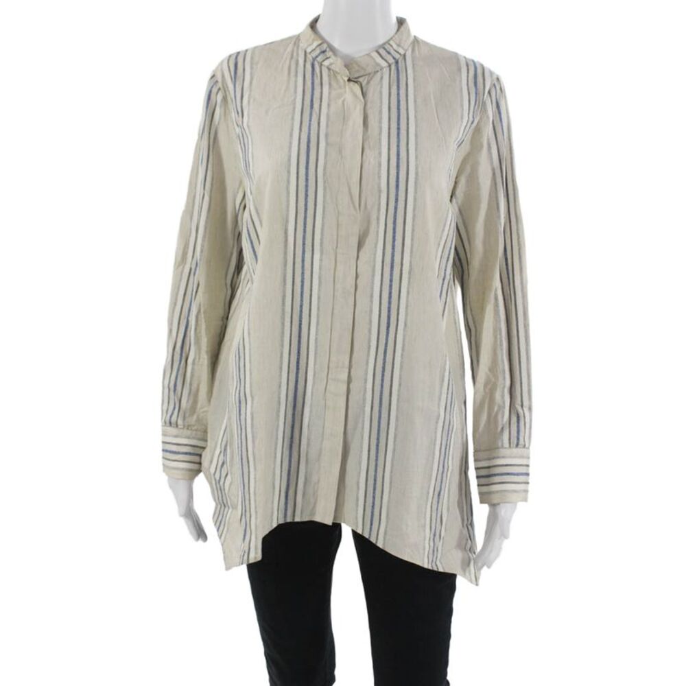 Rani Arabella Women Tunic Striped Mock Neck Long Sleeve Beige Button Size M